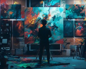 Obraz premium Genetically Enhanced Crafting Vibrant and Intricate Artworks in Futuristic Studio