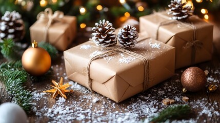 Snow-dusted wooden table featuring eco-friendly Christmas gift wrapping with kraft paper, twine, and wooden ornaments, creating a cozy holiday vibe