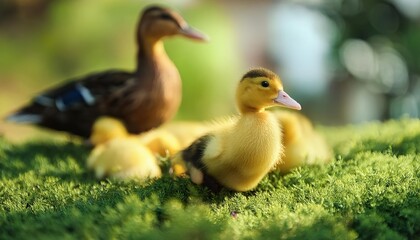 Obraz premium Selective focus of a yellow small baby ducks in its natural habitat sitting near the mother 