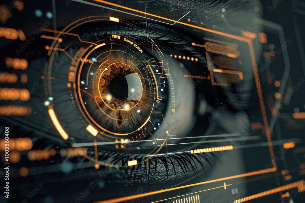 Poster a close-up of a futuristic eye with intricate digital patterns and glowing elements showcasing techn