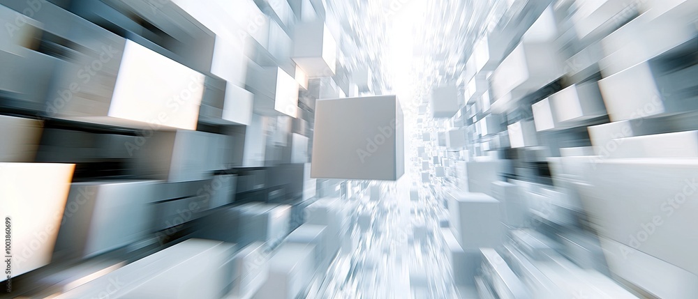 Poster abstract composition with floating cubes and a bright light, creating a dynamic illusion of space an