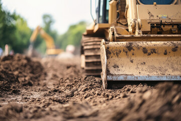 Obraz premium A large yellow construction vehicle is digging into the dirt