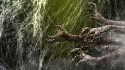 Group of zombie hands with bloody wound shown in a dark room with a cobweb spider web in the background. The hand appearing to be devil, evil, satan, or monster hands
