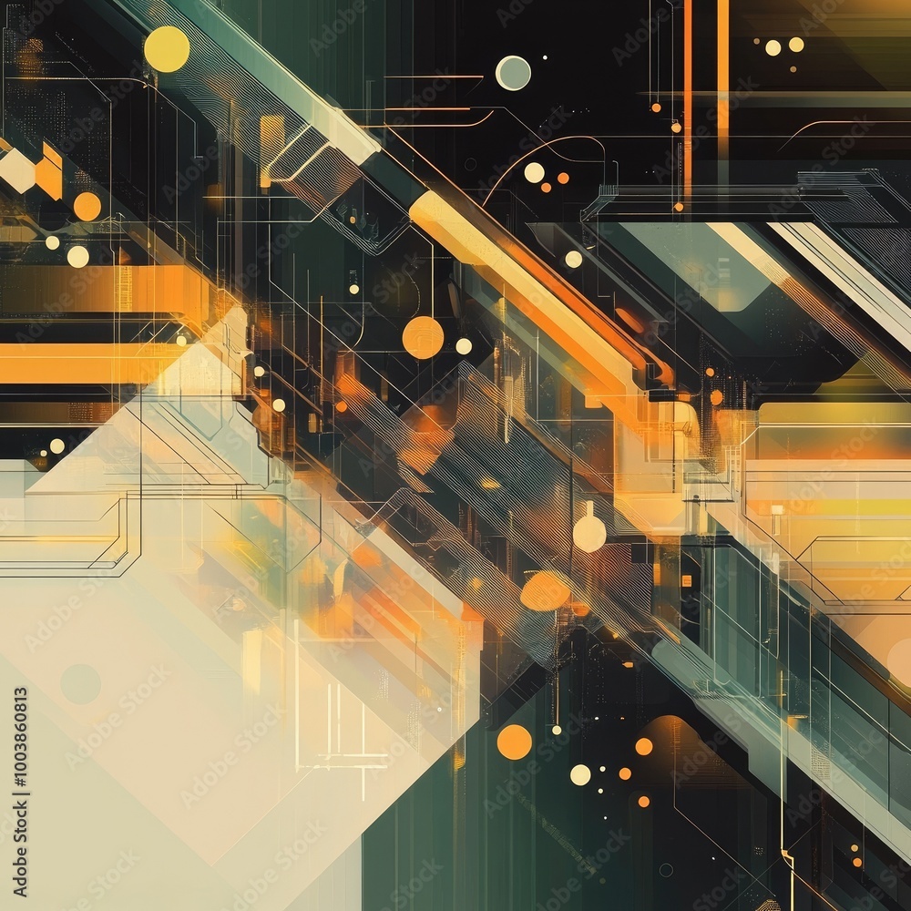 Poster dynamic abstract design featuring vibrant lines, shapes, and colors creating a modern and tech-inspi
