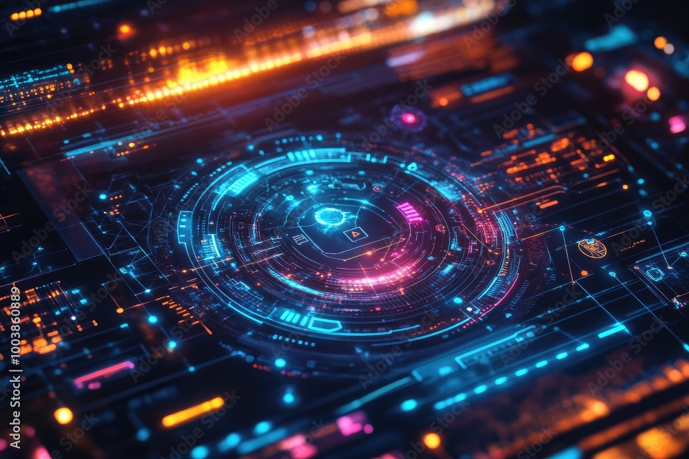 Poster futuristic digital interface with vibrant lights and patterns. perfect for technology and sci-fi the
