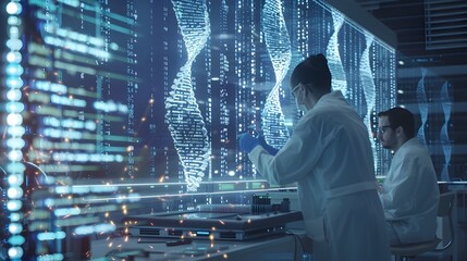 Futuristic Lab Scientists Encoding Data into Transformative DNA Strands with Holographic Screens