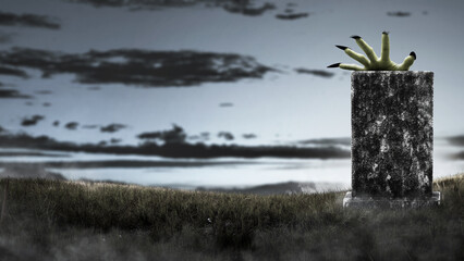 A tombstone is being held by witch hand. Scene is scary and creepy. The hand appearing to be a...