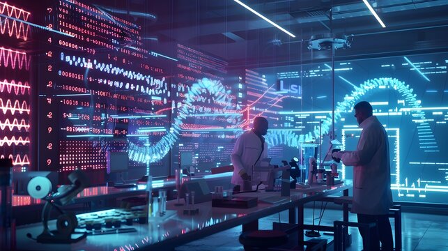Futuristic Lab Scientists Encoding Data into DNA Strands with Holographic Screens Binary Genetic Code Data Storage Concept