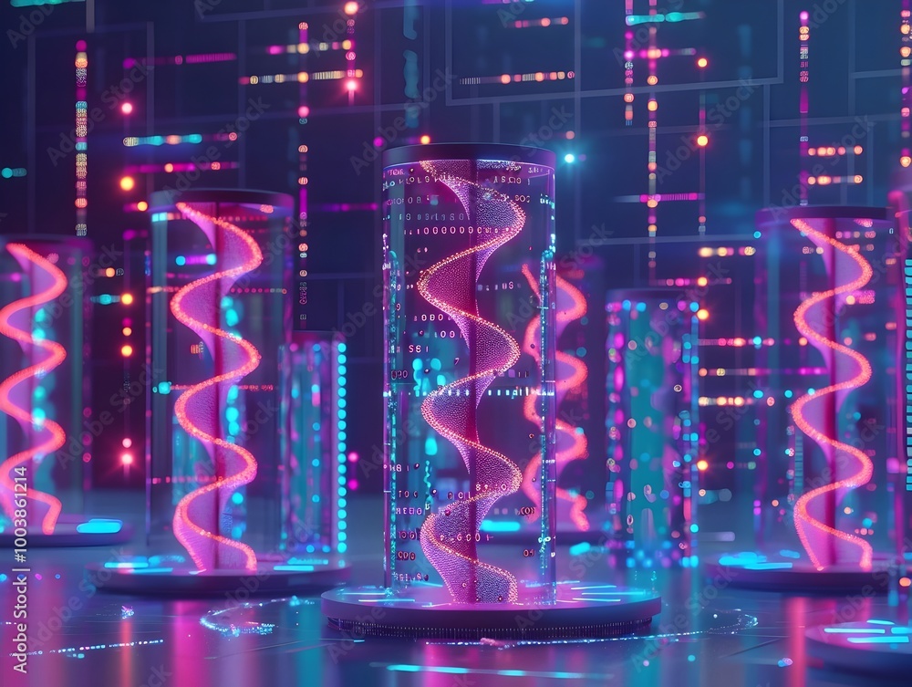 Poster vibrant animation depicting the process of converting digital files into colorful dna data storage c