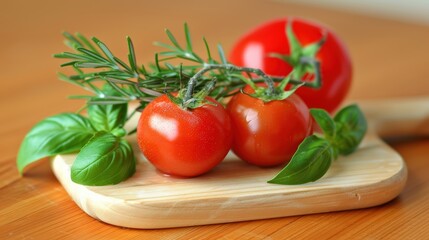 Fresh Tomatoes with Basil and Rosemary on Wooden Board