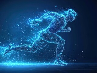 Fototapeta premium Dynamic Abstract Athlete in Geometric Shapes: An Energetic Blue and Purple Aura Against a Cosmic Backdrop - Perfect for Sports Interior Posters and Motivational Wall Art