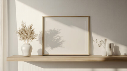 Mock-up frame on a floating shelf with minimal decor in a bright space, 3D render.