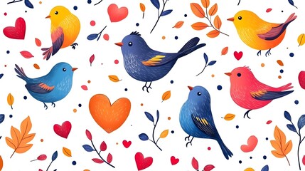 Obraz premium Vibrant cartoon birds with hearts and leaves scattered on a white backdrop, playful symmetry, bold and cheerful colors