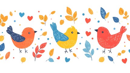 Vibrant cartoon birds with hearts and leaves scattered on a white backdrop, playful symmetry, bold and cheerful colors