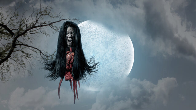 Kuyang, Kunyang, Palasik or Krasue ghost. Evil, demon, satan, monster figure from Kalimantan, Indonesia, Southeast Asia. Witch or shaman separate head from the body