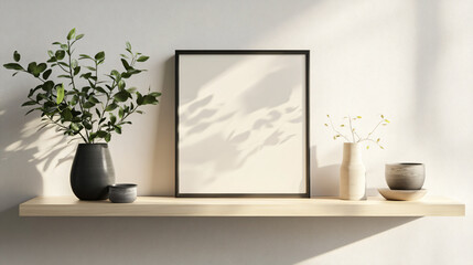 Mock-up frame on a floating shelf with minimal decor in a bright space, 3D render.