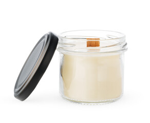 A beautifully crafted scented candle in a clear jar with a wooden wick