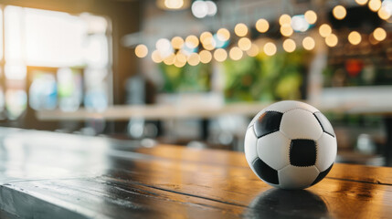 A white and black soccer ball sits on a wooden table