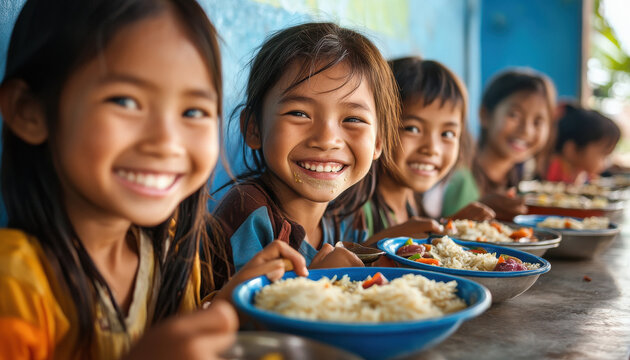 A group of children are smiling and eating food
