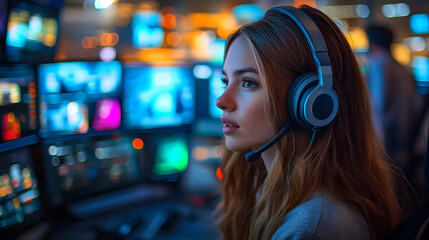 Woman in Headset Focuses on Computer Screens with Blue and Orange Lights