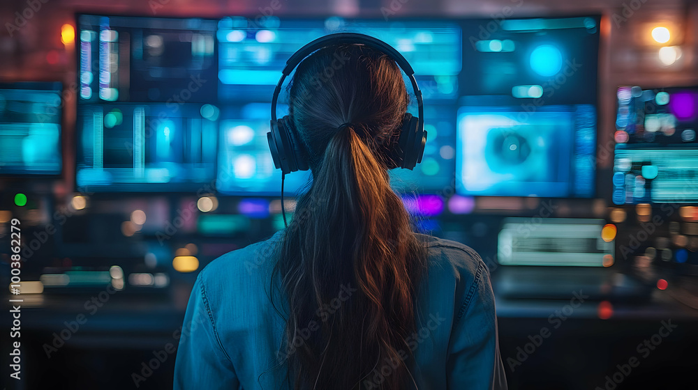 Poster woman in headphones focuses on computer screens with code