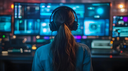 Woman in Headphones Focuses on Computer Screens with Code