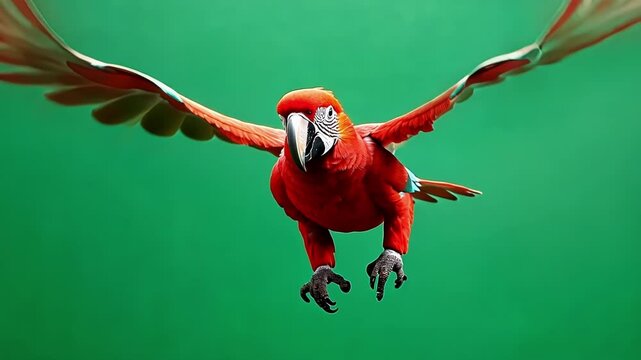 Scarlet macaw parrot with vibrant red, green, and blue feathers flies gracefully in a studio setting with a green screen background, perfect for visual effects and content creation projects