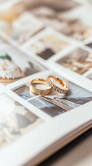 An open photo album featuring blurry images and two trendy golden rings on top of the album