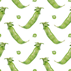Peas seamless pattern. Pods and beans. Hand drawn watercolor illustration isolated on white. For wrapping paper, textile, covers, fabric, wallpaper, scrapbooking.