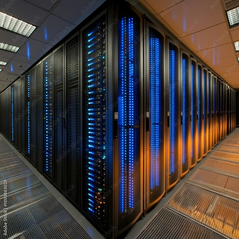 Poster high-tech server room with illuminated storage racks, big data and cyber security concept