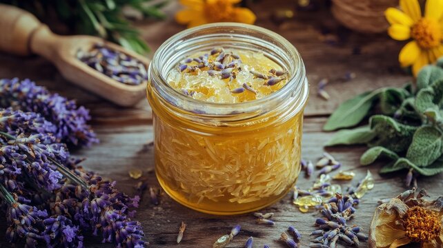 Jar of honey infused with lavender, surrounded by fresh herbs and flowers.