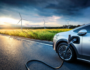 A stunning view of an electric vehicle charging near wind turbines at sunset, showcasing sustainable energy practices