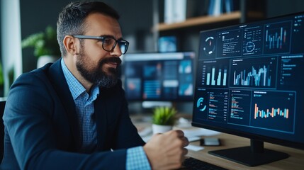 Businessman analyzing data on computer screen, demonstrating focus and expertise in financial metrics and digital analytics.