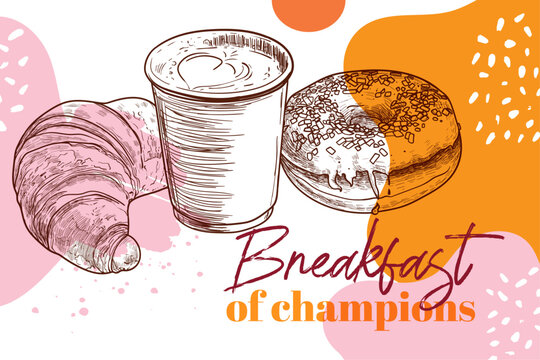 Playful and warm coffee menu design with croissant, doughnut, coffee. Vector hand drawn food assets on orange, white and pink background. Breakfast of champions. Outlines and fills are separate.  - Powered by Adobe