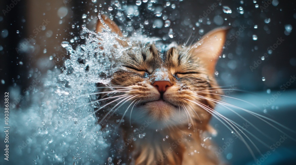 Poster an amusing shot of a cat shaking off water after a bath, droplets flying in all directions, capturin