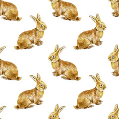 Cute brown rabbits. Seamless pattern with farm animal. Hand drawn watercolor illustration isolated on white. For textile, wrapping paper, fabric, covers, wallpaper.