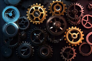 Shiny gears of cold steel colors on dark background