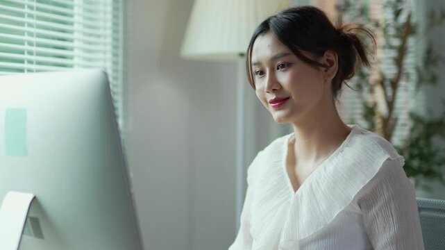 Young woman smiling while working at her desktop computer in a bright home office, enjoying a productive day