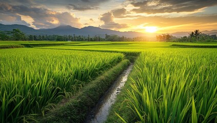 Stunning sunset over a lush green rice paddy field with a small stream running through it.