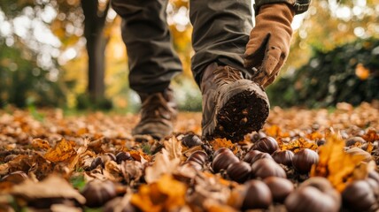 A person walking through a forest of autumn leaves and chestnuts