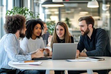 Group of People Sitting at a Table, Looking at a Laptop in a Business Meeting