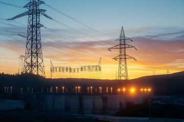 Hydroelectric plant infrastructure at sunset