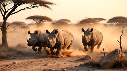 Rhinos in a Dusty Savannah captures the raw beauty and strength of these magnificent creatures as they traverse the rugged terrain of the African savannah.
