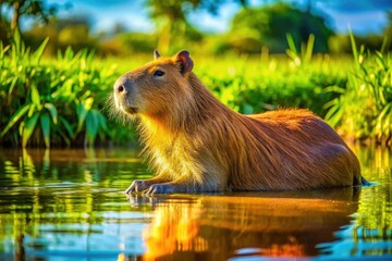 Fototapeta premium A calm capybara relaxes by the shimmering water, basking in the warm sun, surrounded by lush greenery in a tranquil and picturesque natural setting.