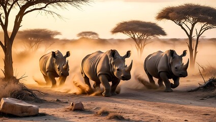 Rhinos in a Dusty Savannah captures the raw beauty and strength of these magnificent creatures as they traverse the rugged terrain of the African savannah.
