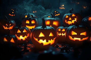 illustration of illuminated carved pumpkins with different evil faces in darkness at Halloween night