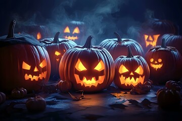 illustration of illuminated carved pumpkins with different evil faces in darkness at Halloween night