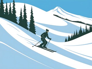 illustration of a skier descending a snowy mountain slope in a minimalist style. The skier is gracefully carving through the wide, curving trail surrounded by soft blue and white snow-covered hills