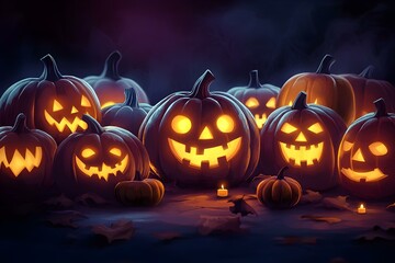illustration of illuminated carved pumpkins with different evil faces in darkness at Halloween night