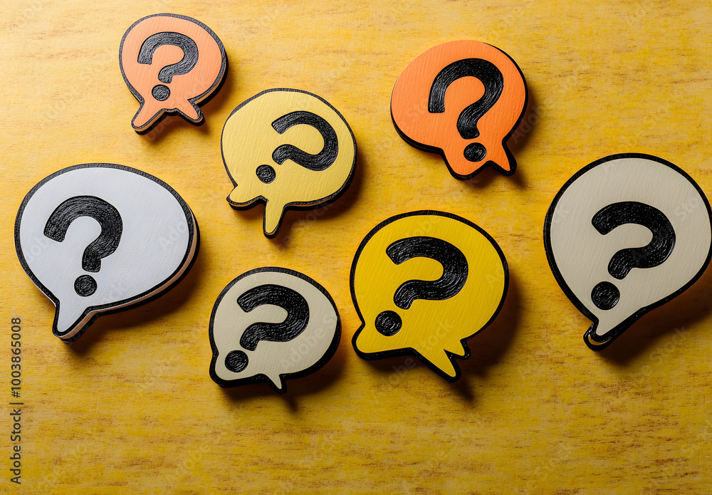 Poster multiple question marks in speech bubbles with copy space